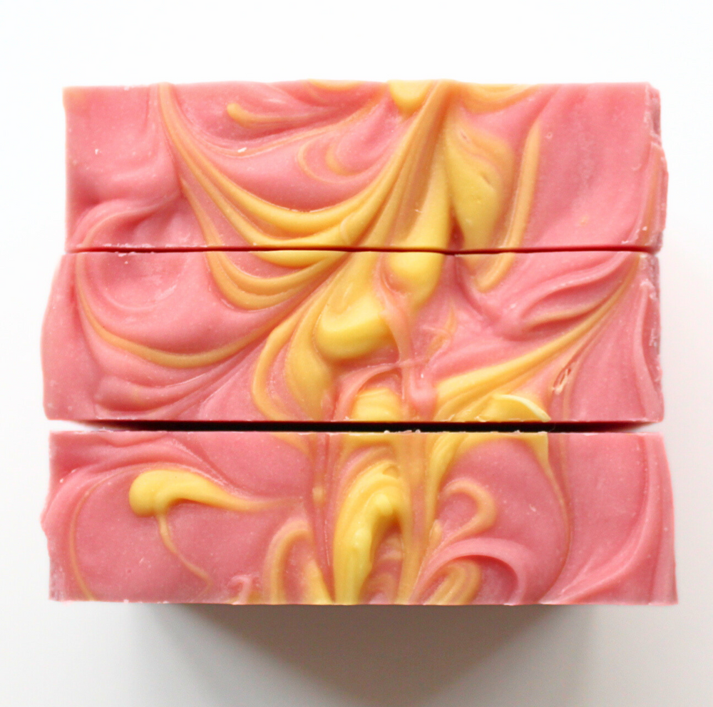 pink grapefruit soap with yellow swirls