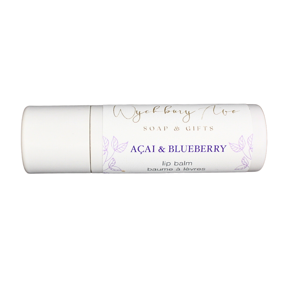 açai and blueberry lip balm in compostable tube