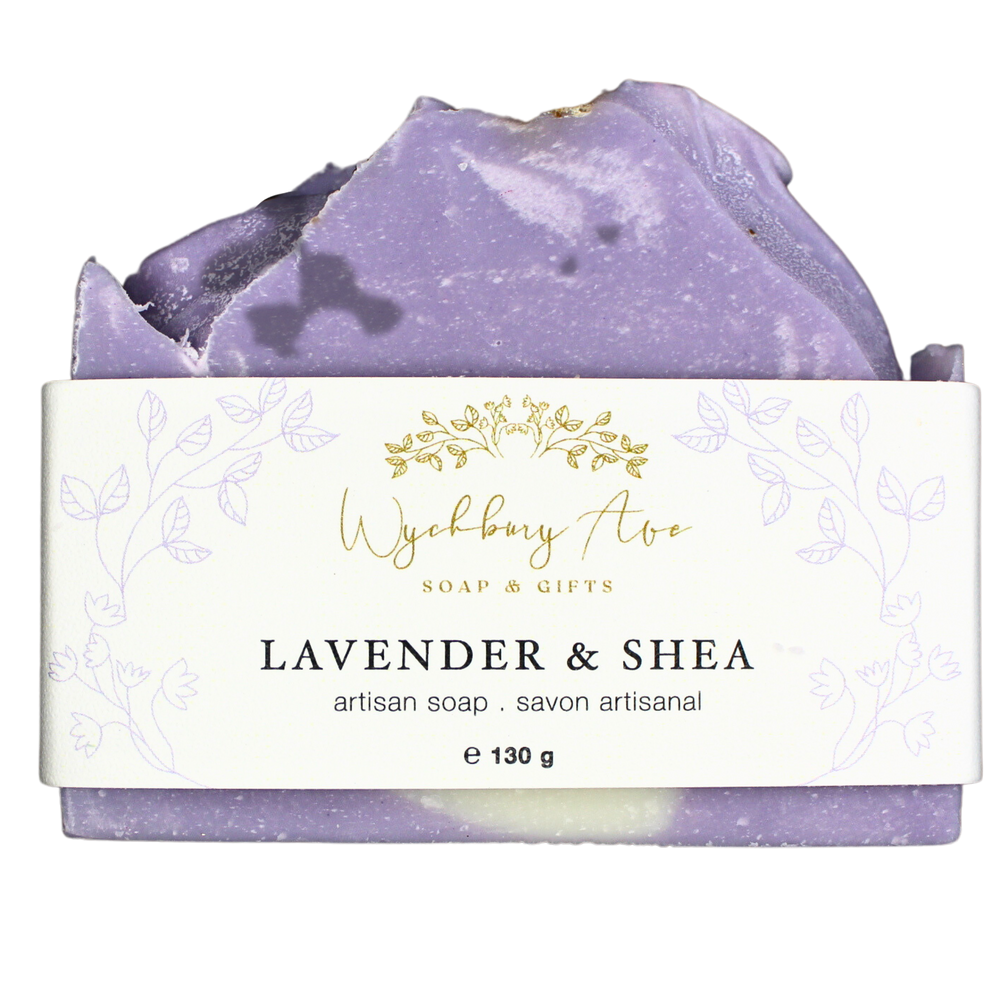 purple lavender bar soap with lavender buds on top and a delicate floral label.