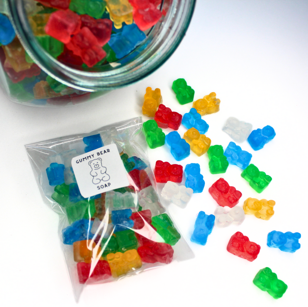 colourful gummy bear soaps in bags