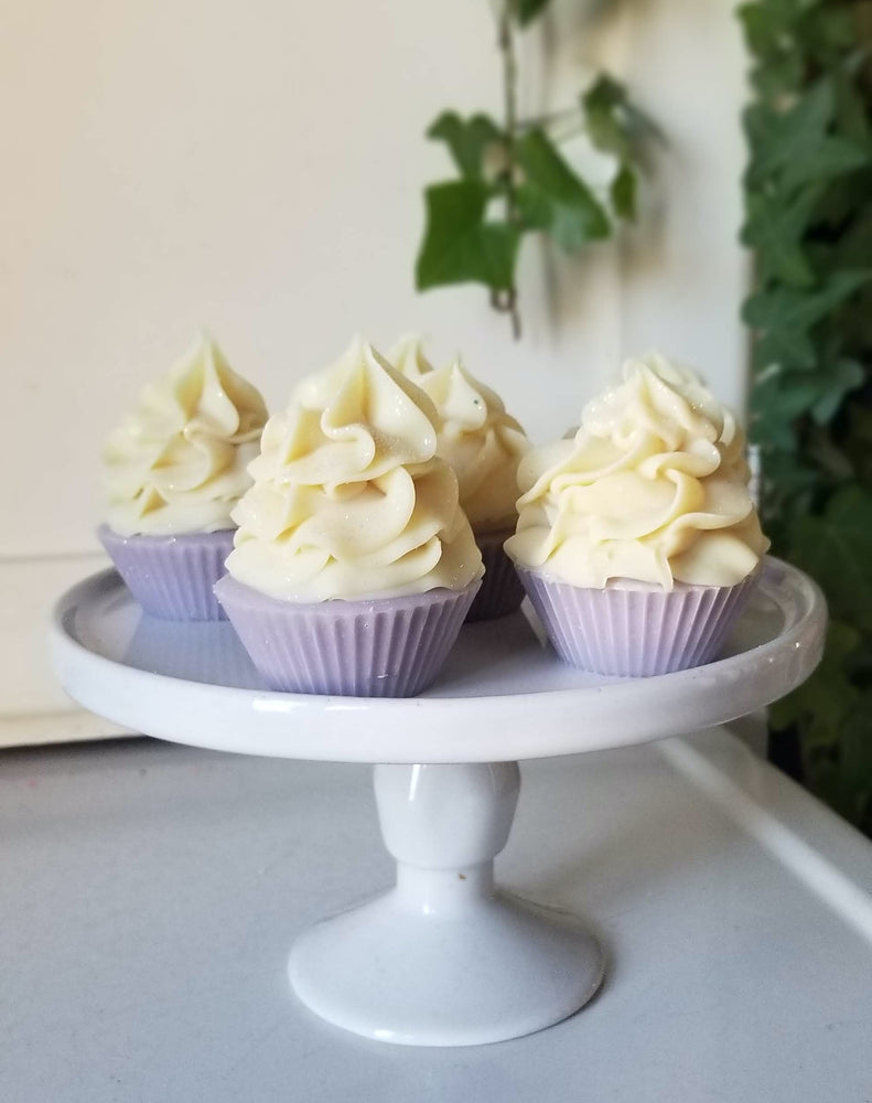 soap cupcakes with purple bottom and piped tops