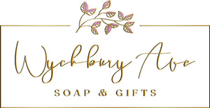 Wychbury Ave Soap and Gifts gold and pink floral logo on gift card