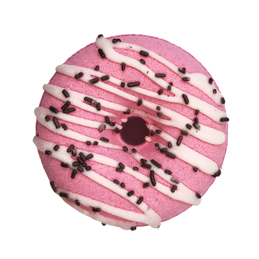 maple sugar pink donut bath bomb with chocolate sprinkles