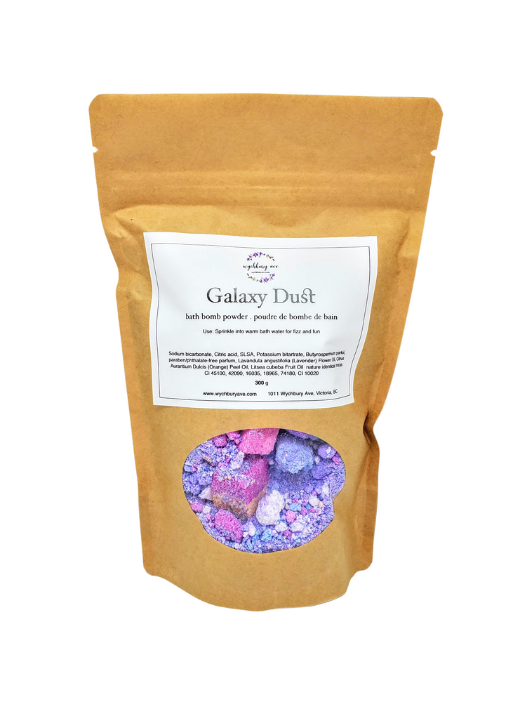 Wychbury Ave Galaxy Dust bath bomb powder in a pouch showing the colourful mixture