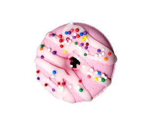 cream soda pink mini donut bath bomb with icing and rainbow sprinkles