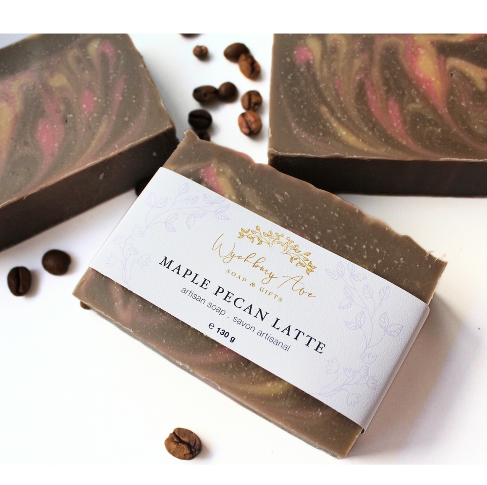 brown bar soap with pink and gold swirls