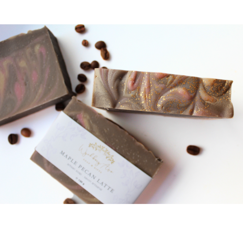 brown bar soap with pink and gold swirls