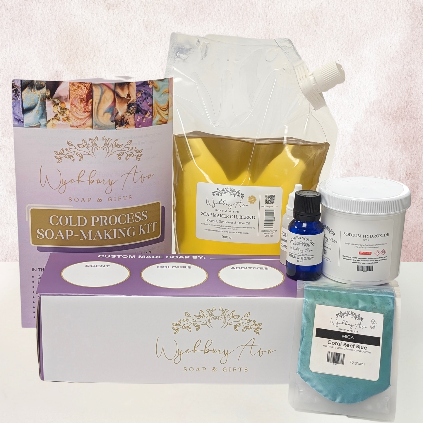 cold process soap making kit with ingredients, mold and instructions