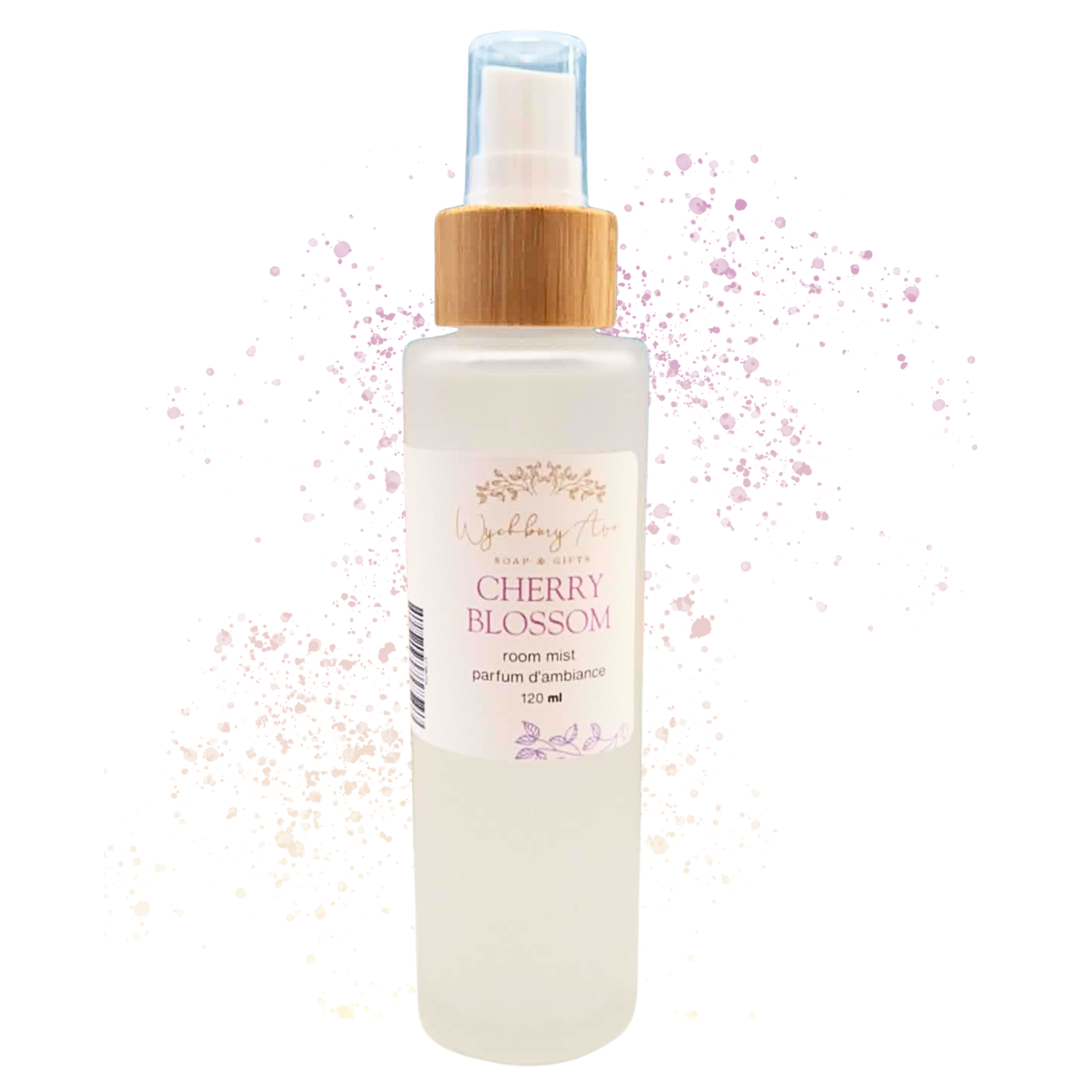 Cherry blossom room mist spray bottle with a wooden cap on a white background