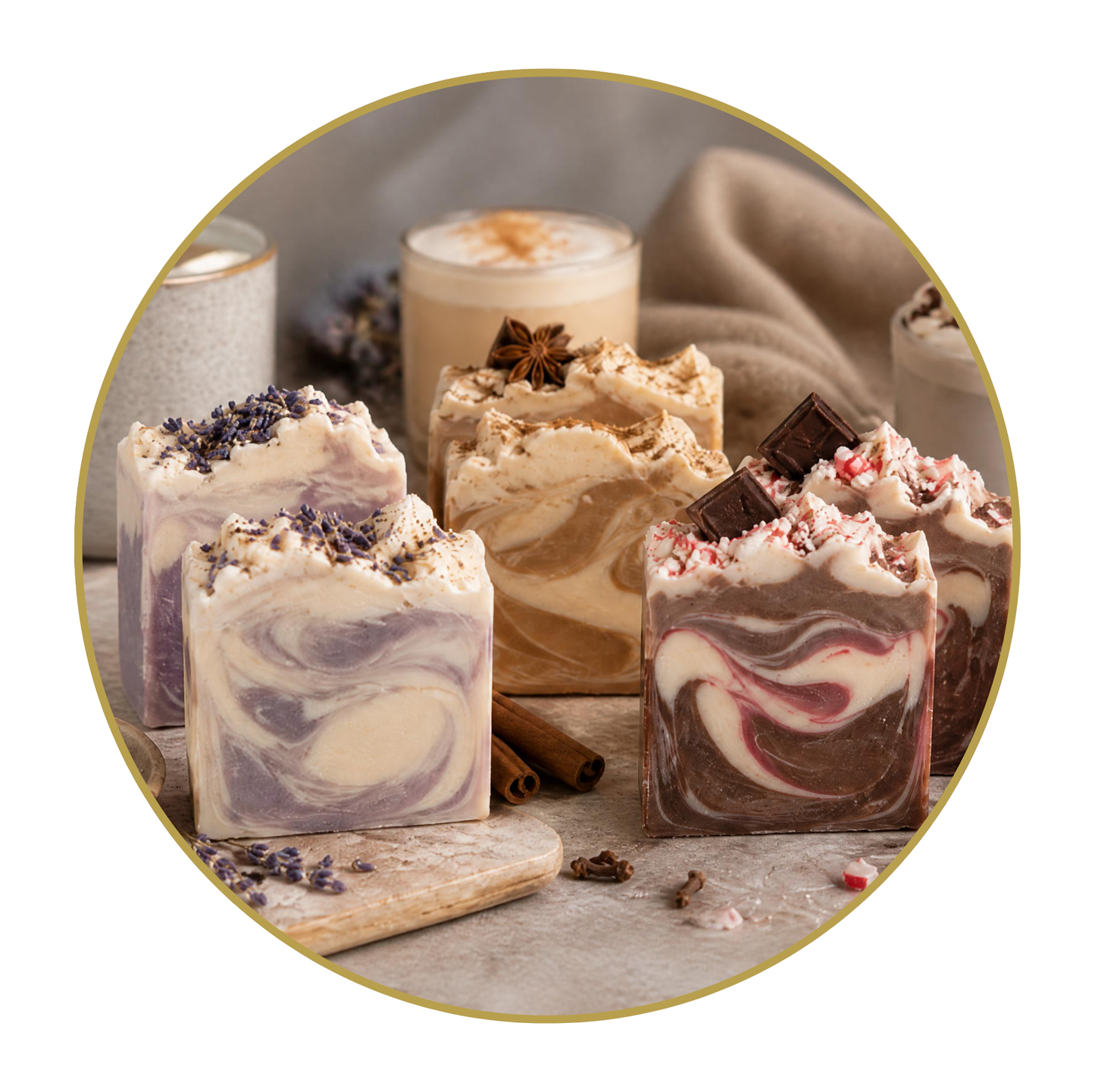 Six artisanal soaps with decorative toppings are arranged on a tabletop in a styled setting with a drink, cinnamon sticks, and fabric in the background. The soaps feature marbled swirls of lavender, cream, and dark chocolate, with some topped by dried lavender buds, white frosting, and chocolate pieces.