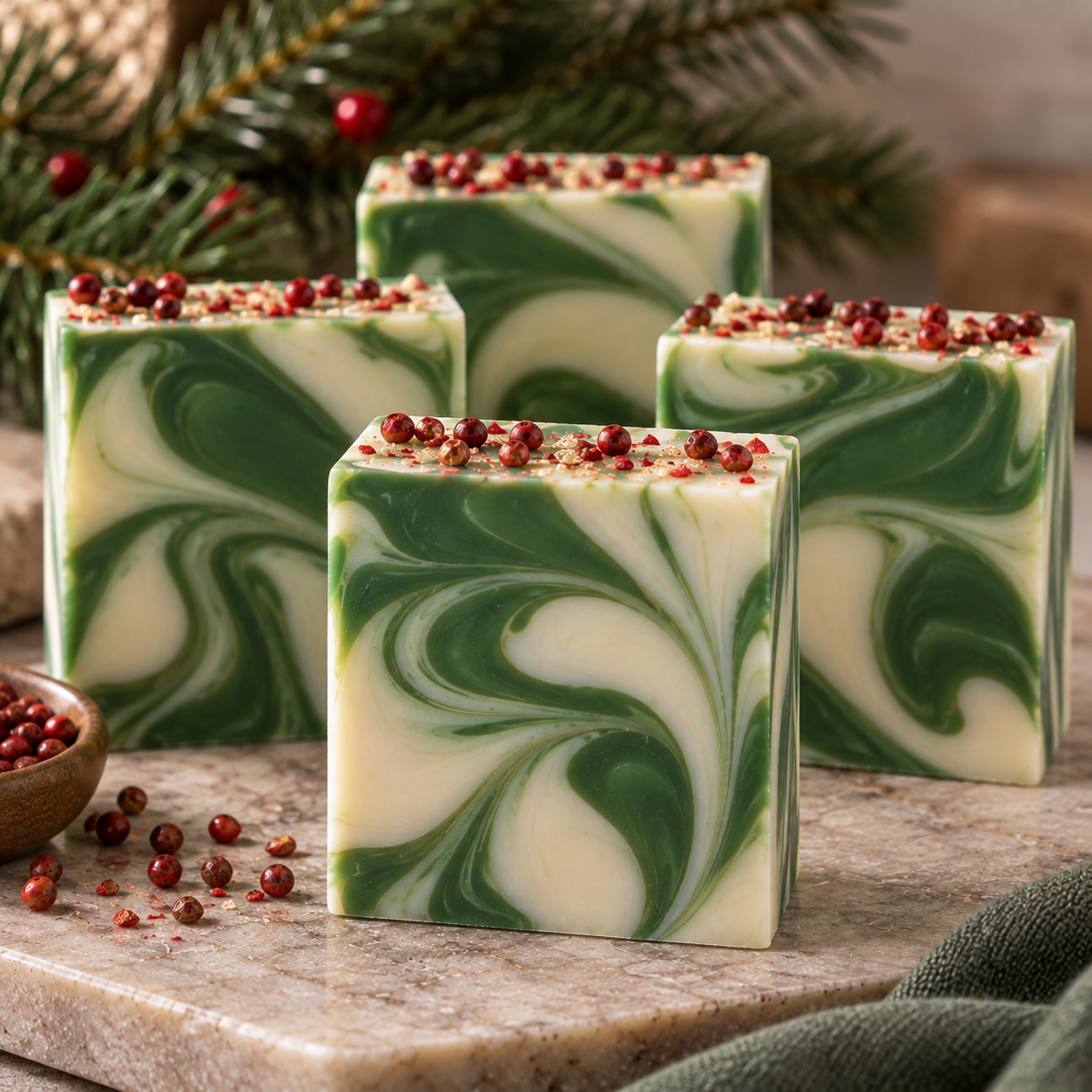 Four artisanal swirled soap bars with green and cream patterns and red berry toppings, arranged on a stone surface with pine branches in the background.