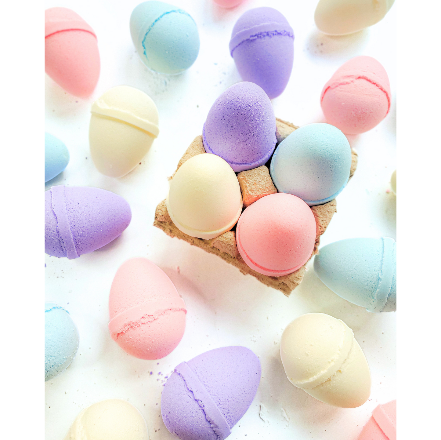 Easter egg bath bombs in pastel colours handmade in Victoria BC by Wychbury Ave Soap