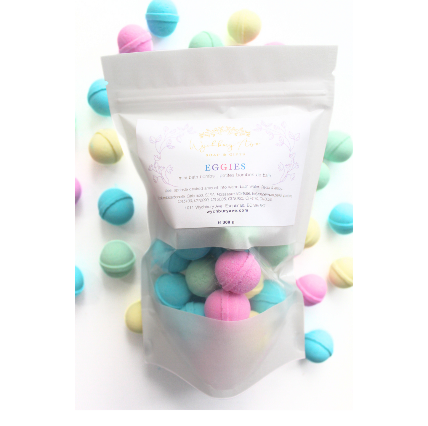 Mini blue raspberry Eggie bath bombs handmade in Canada by Wychbury Ave Soap
