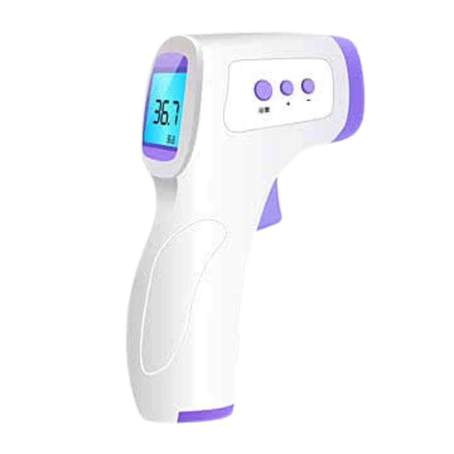 A handheld digital infrared thermometer with a white body and purple accents, featuring a blue backlit display screen showing 36.7 degrees.