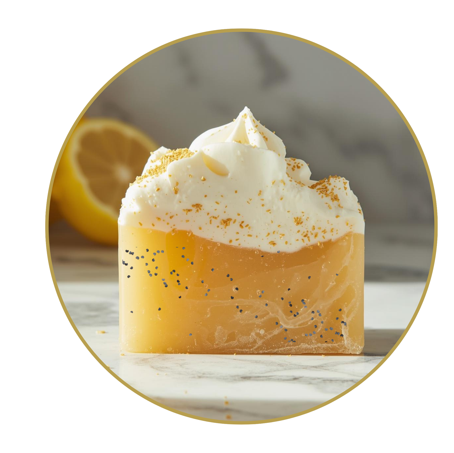Bar of soap with lemon zest and whipped cream on a marble surface