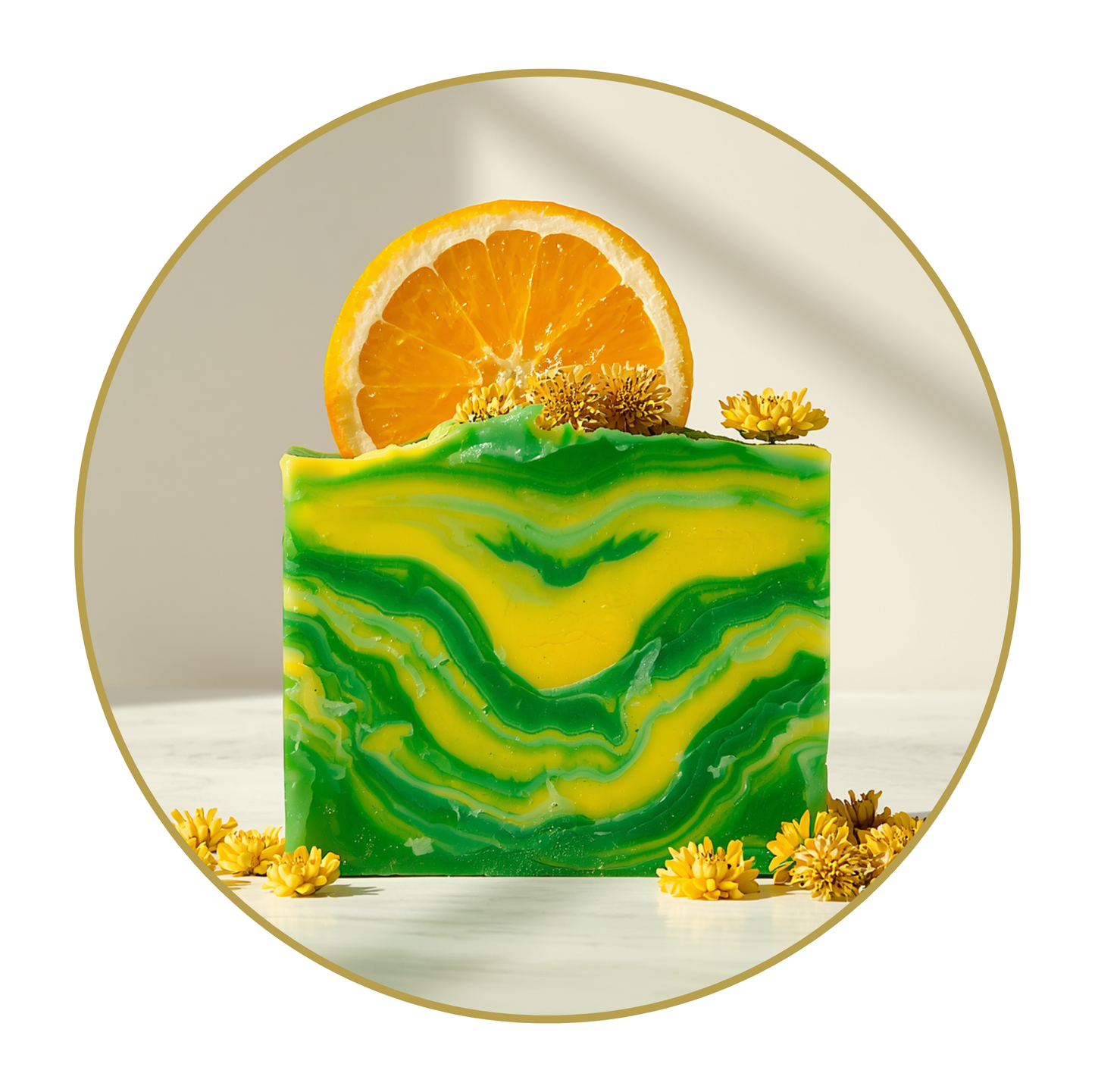 Green and yellow swirled soap bar with an orange slice on a decorative plate.