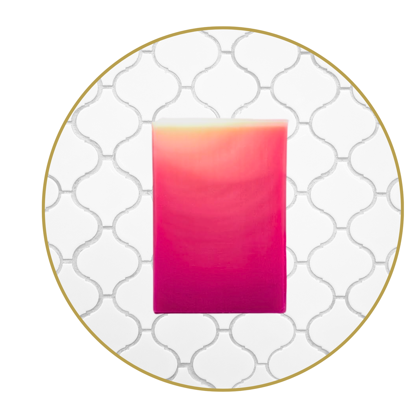 Pink bar of soap on a white decorative plate with a geometric pattern