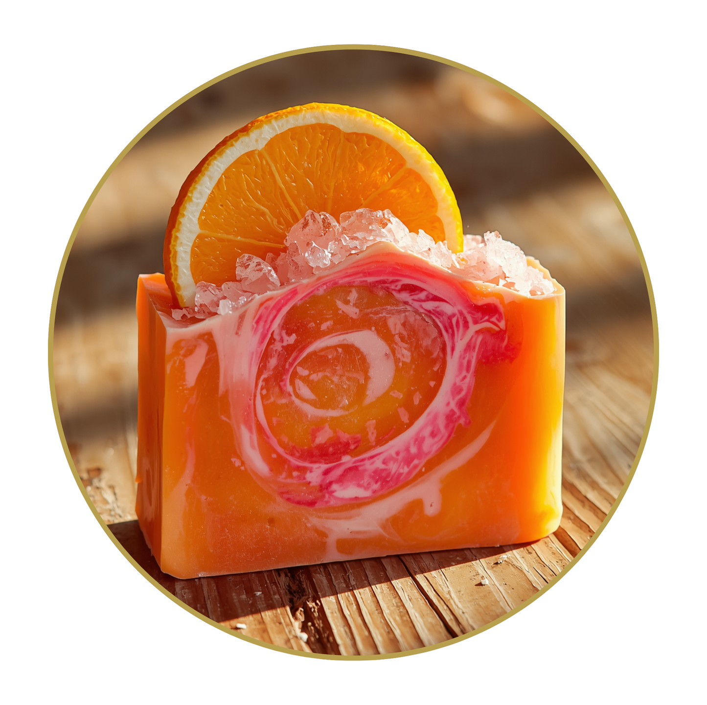 Bar of soap with orange and pink swirls on a wooden surface, accompanied by an orange slice.