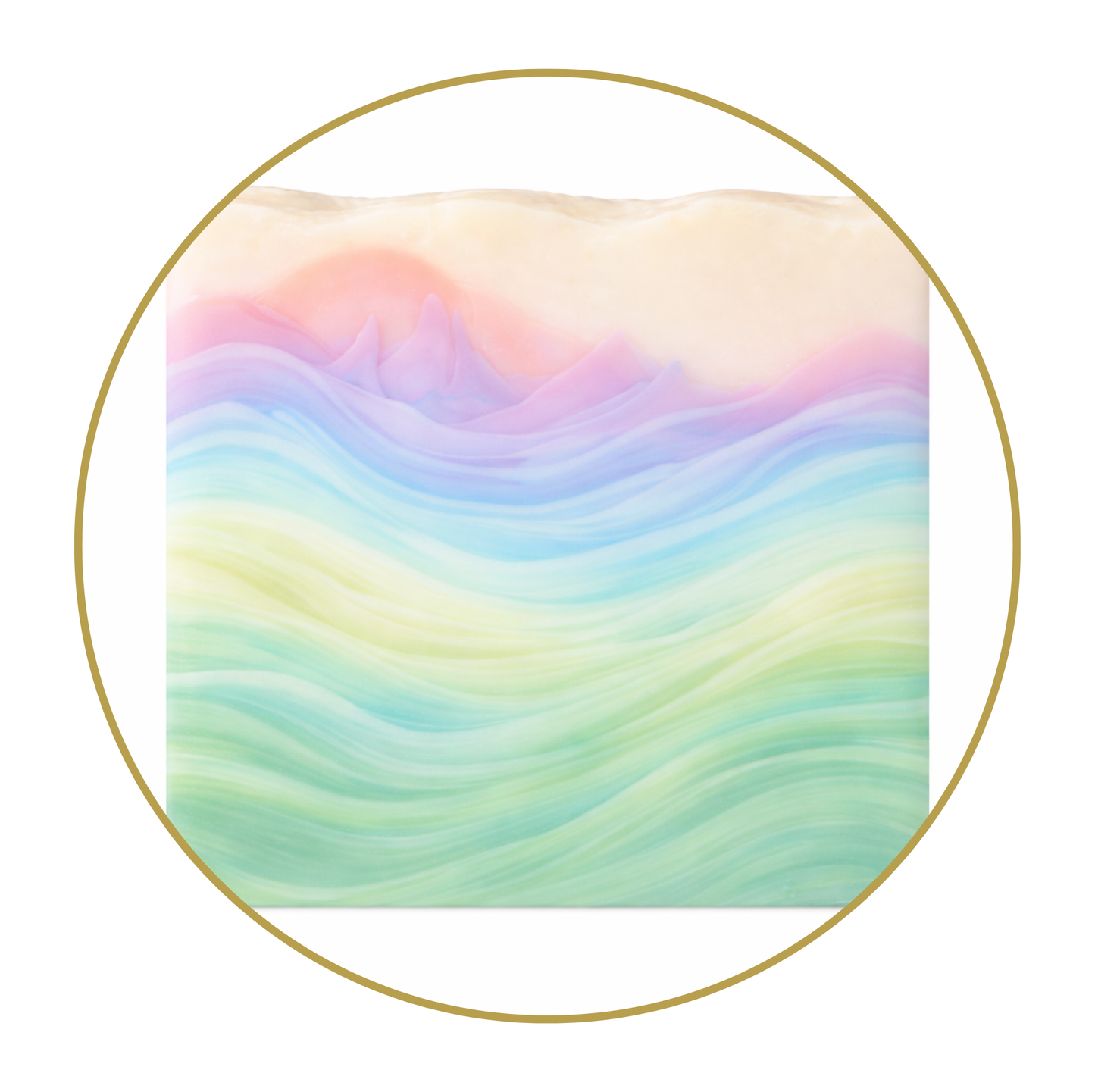 Multicolored wavy patterned soap inside a gold circle on a white background
