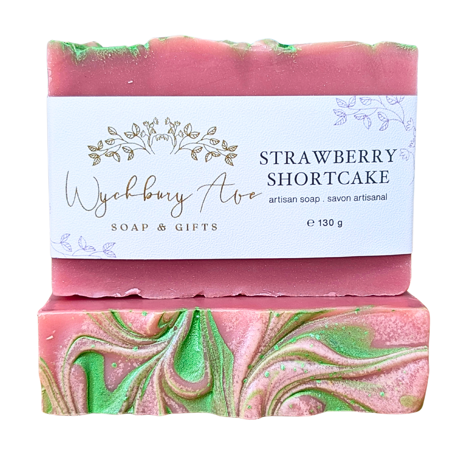Bar of strawberry shortcake soap with a Wychbury Ave label on a white background