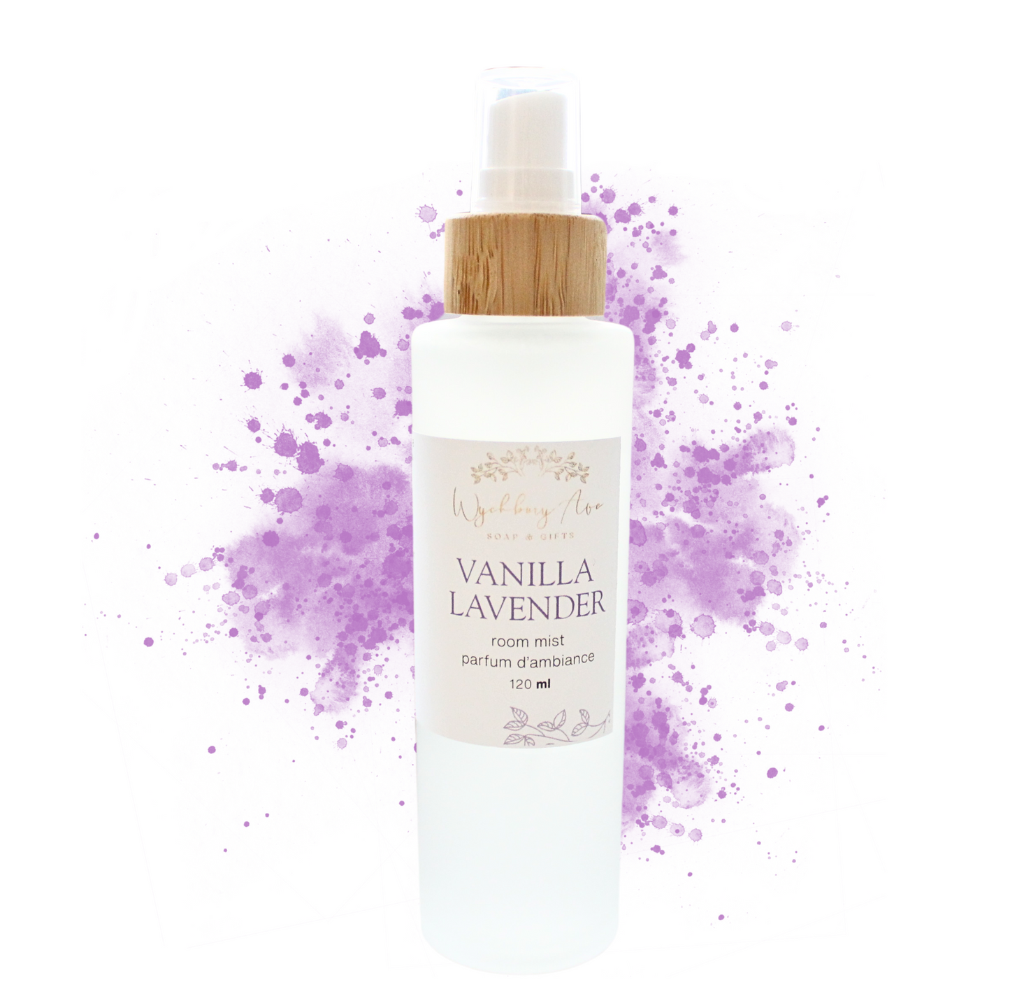 vanilla lavender room spray in glass bottle