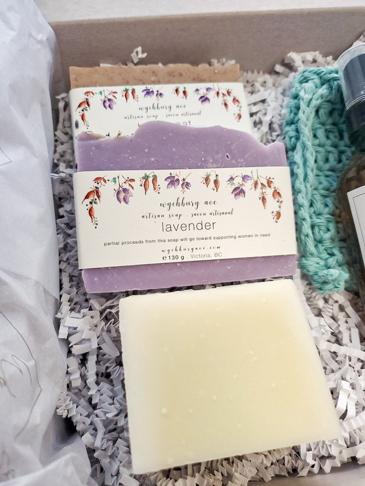 Closeup of lavender soap in gift box