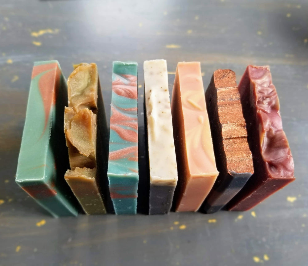
                
                    Load image into Gallery viewer, Line of Wychbury Ave soap subscription bars showing colourful soap tops
                
            