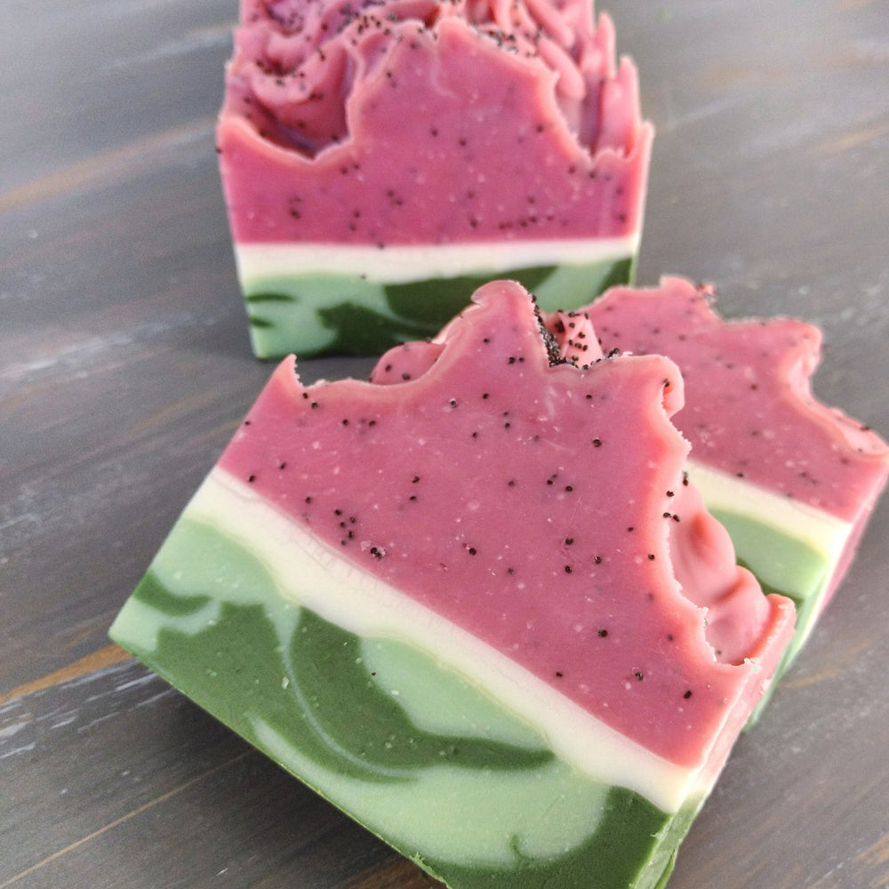 Slices of watermelon soap with poppyseeds