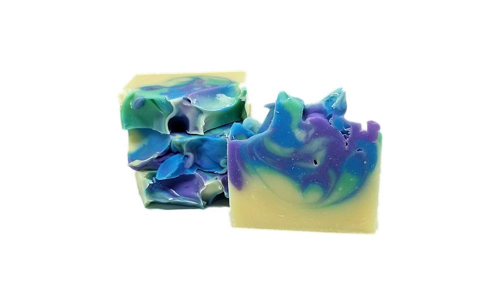 swirly soap with purple, blue and green