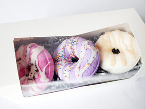 Donut Bath Bomb Gift Box | Maple Sugar, Vanilla Bean, Black Raspberry Bath Bombs | Vegan Bath Bomb Gift Set