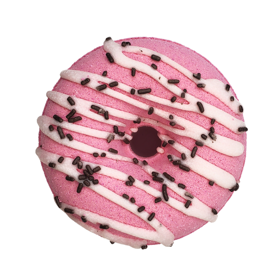 maple sugar pink donut bath bomb with chocolate sprinkles