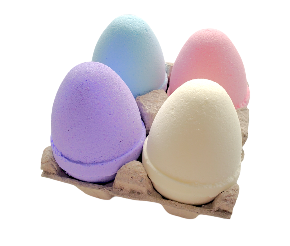 Easter egg bath bombs in an egg carton