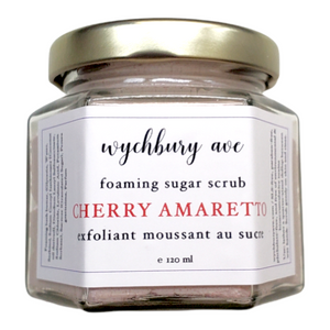 cherry amaretto foaming sugar scrub in 4 oz jar