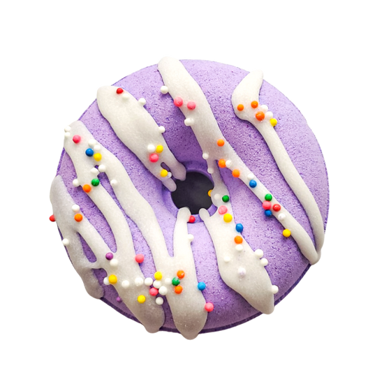 black raspberry vanilla purple donut bath bomb with sprinkles