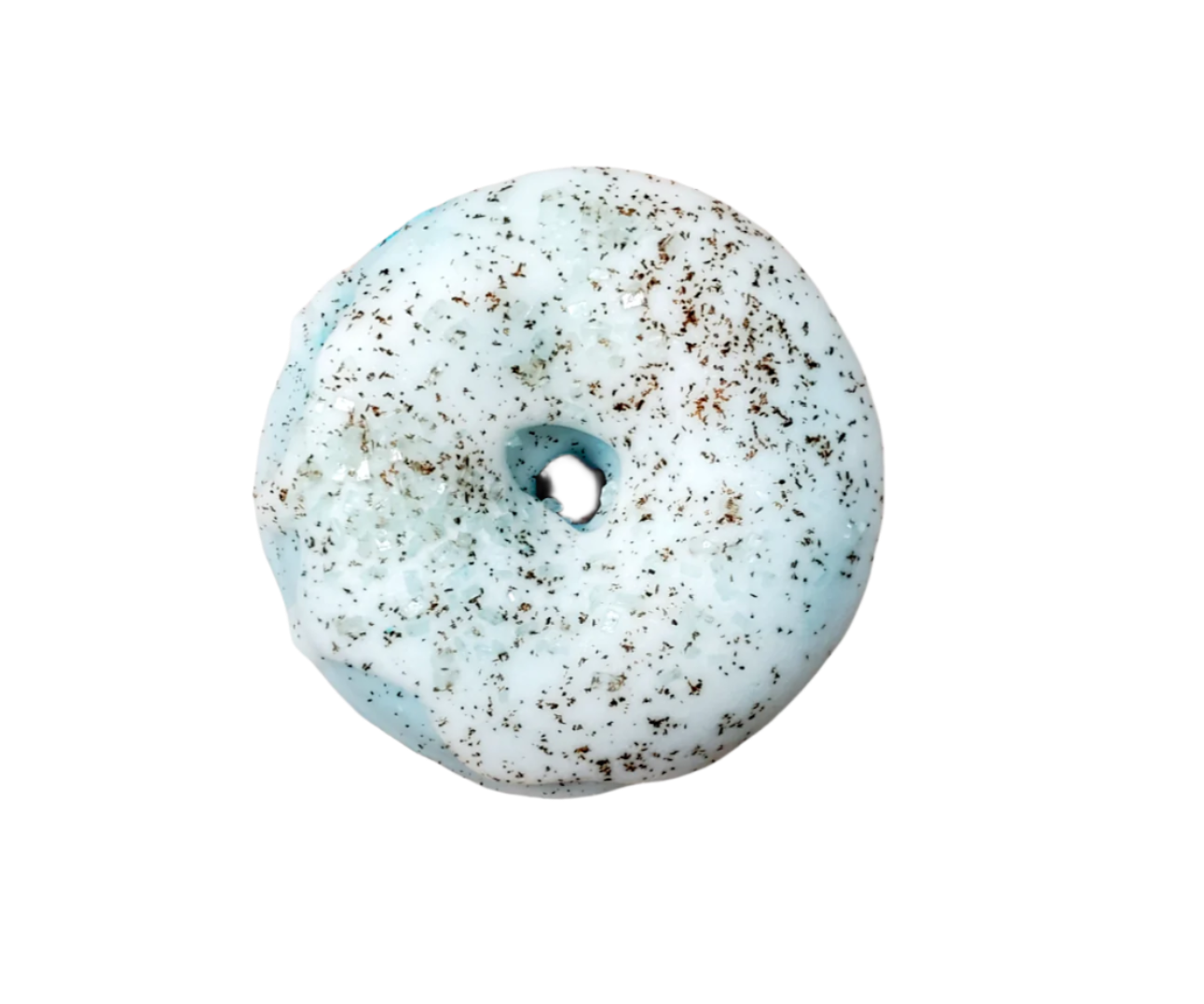 Rootbeer mini donut bath bomb with cocoa butter icing and vanilla bean specks