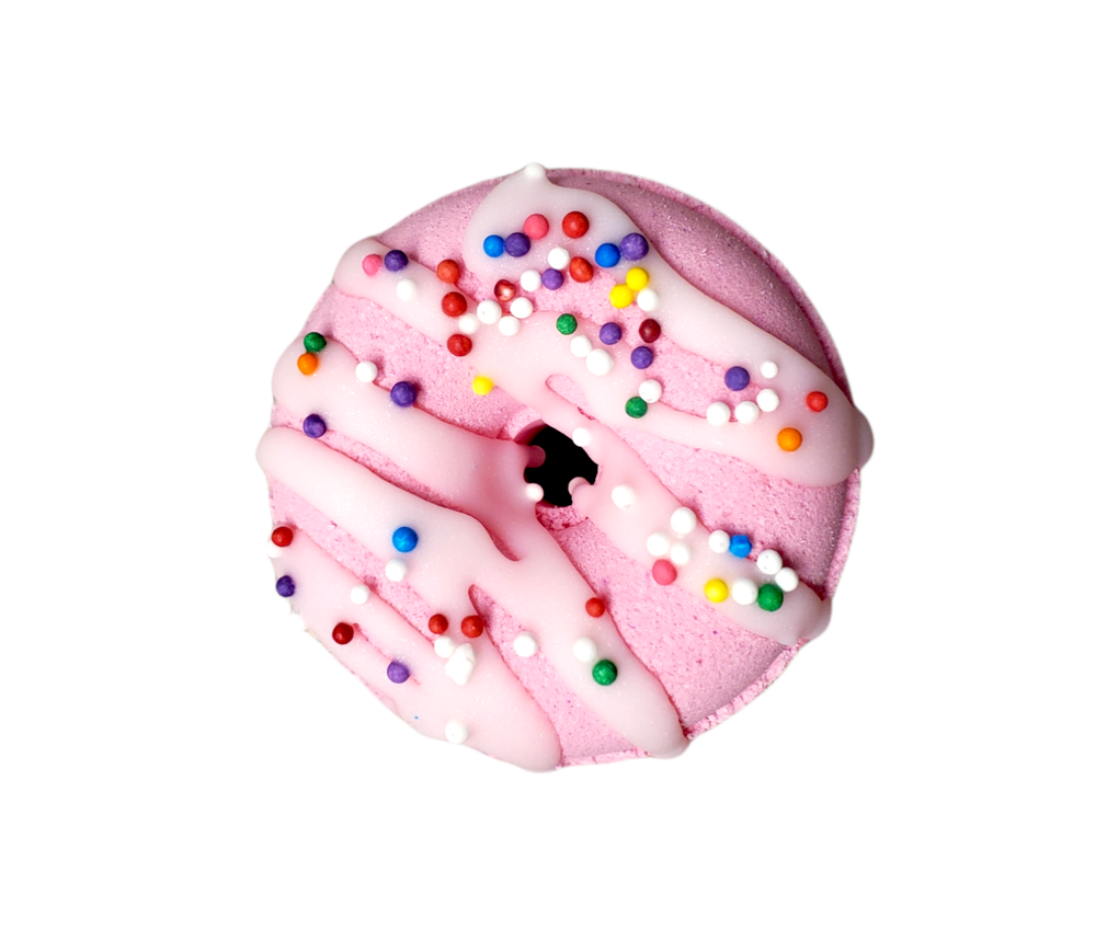 cream soda pink mini donut bath bomb with icing and rainbow sprinkles