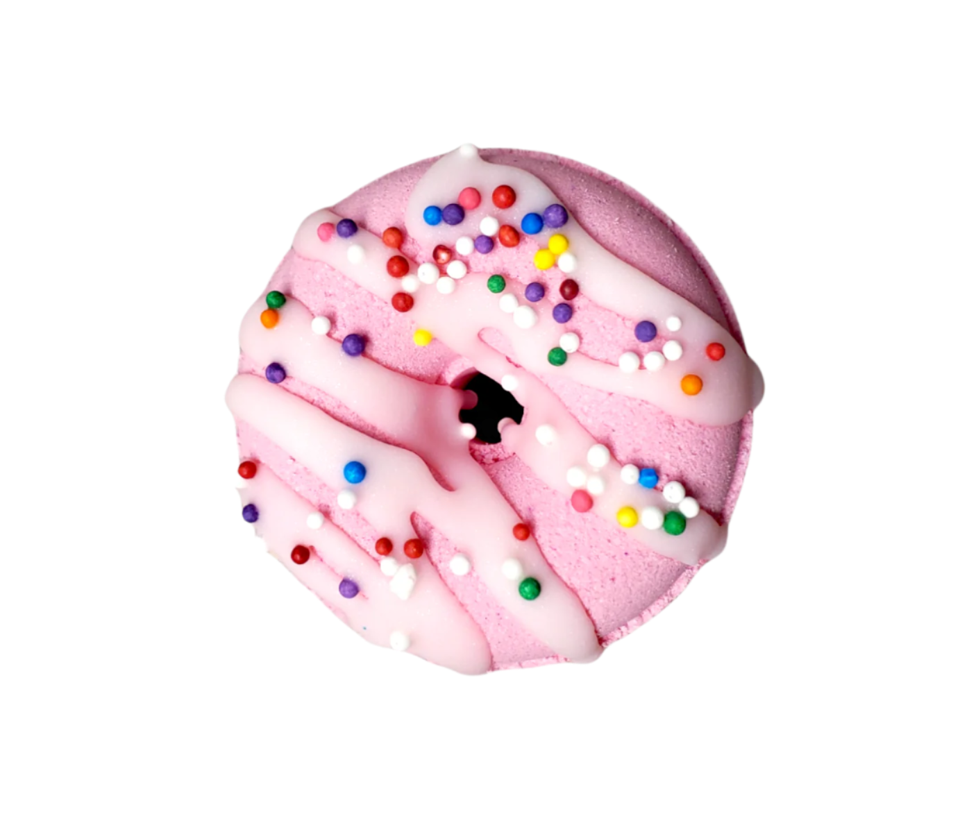 cream soda pink mini donut bath bomb with icing and rainbow sprinkles